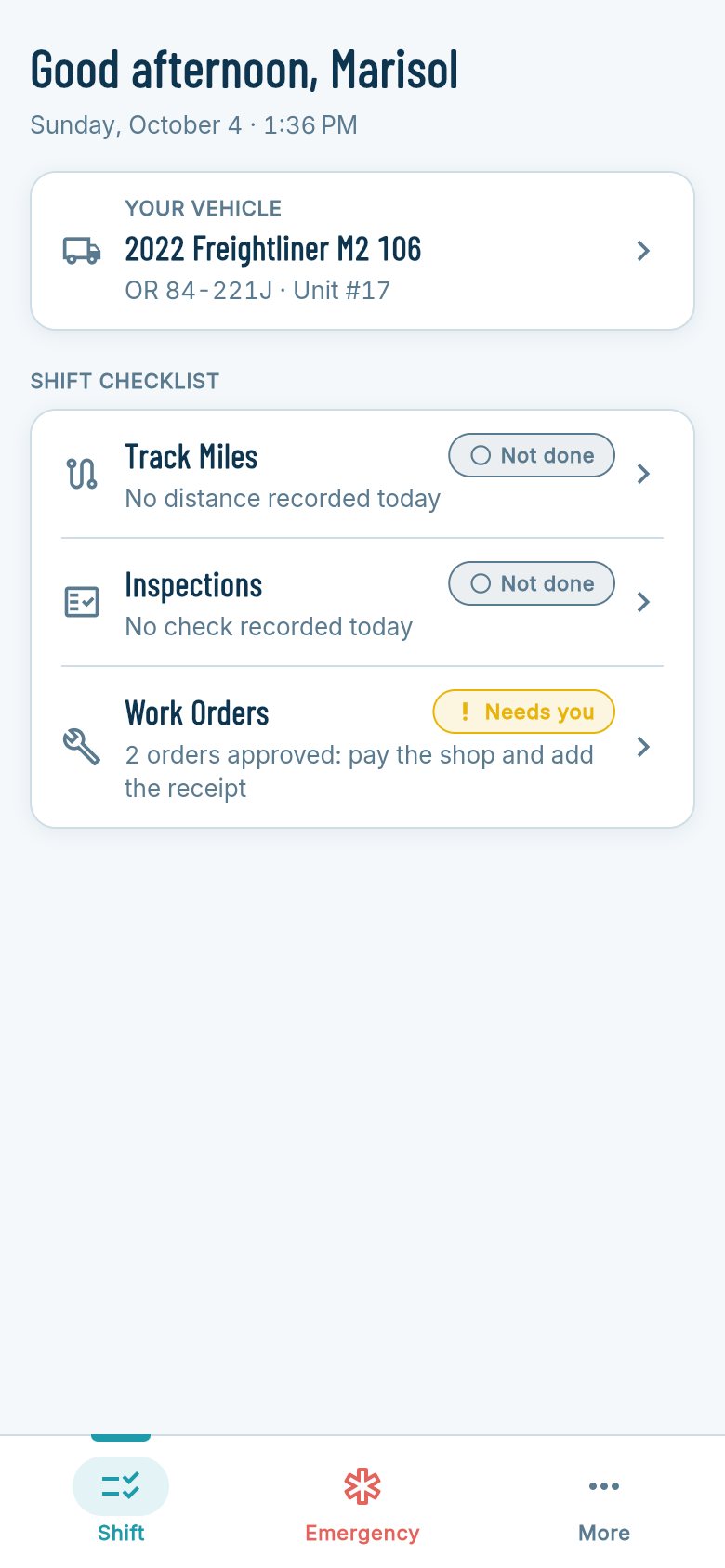 FleetStream Shift home screen: the assigned truck and a checklist of mileage, inspections, and work orders