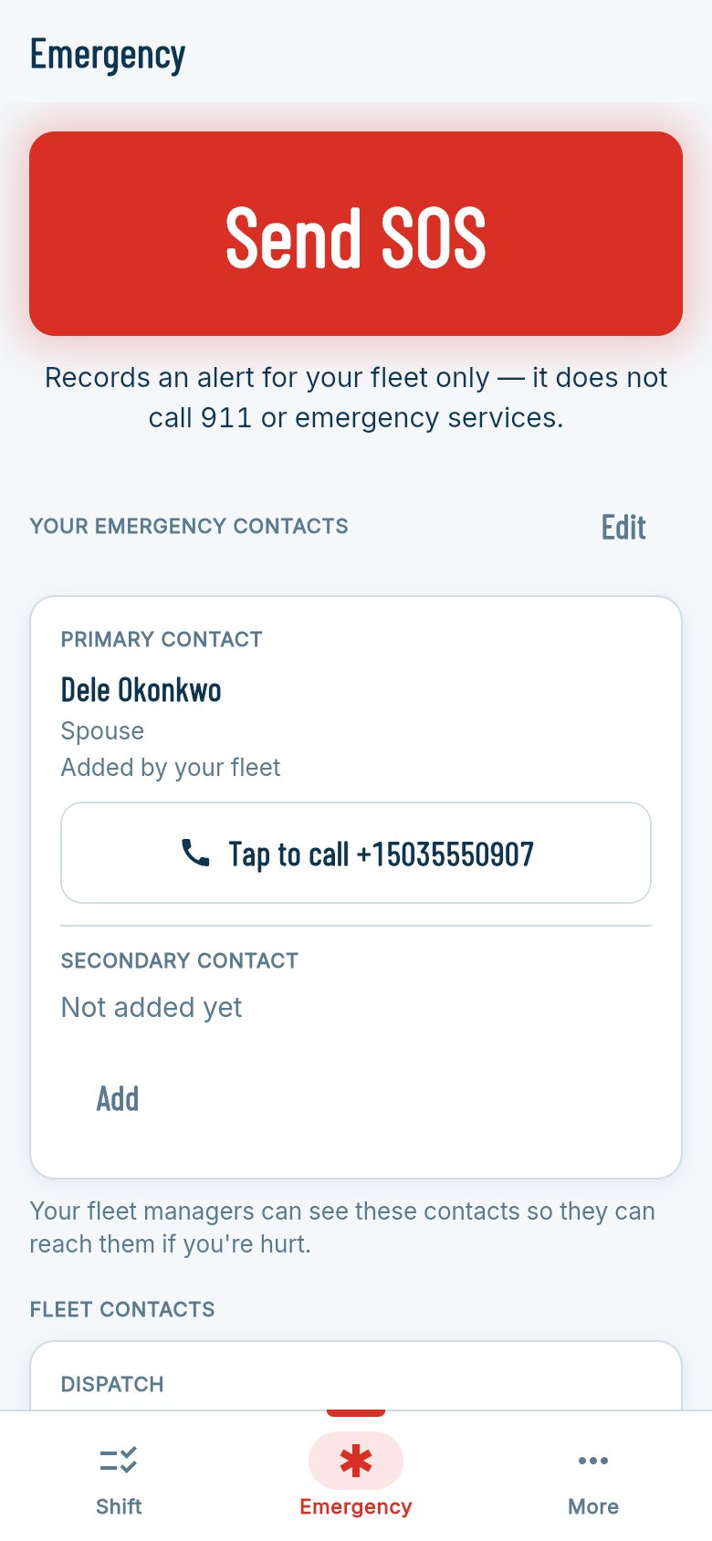 FleetStream Shift emergency screen with the Send SOS button and the driver's emergency contacts