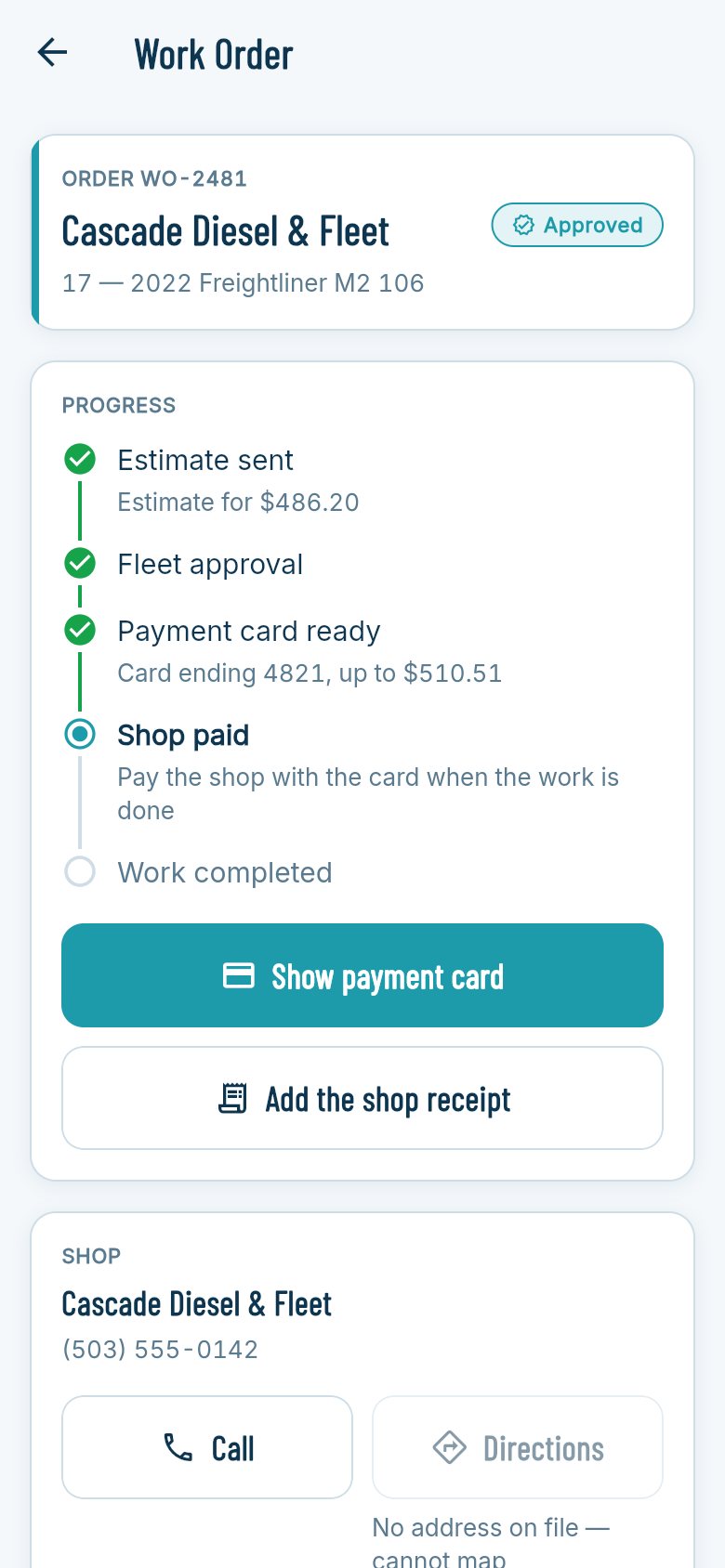 FleetStream Shift work order: estimate sent, fleet approval, payment card ready, then shop paid