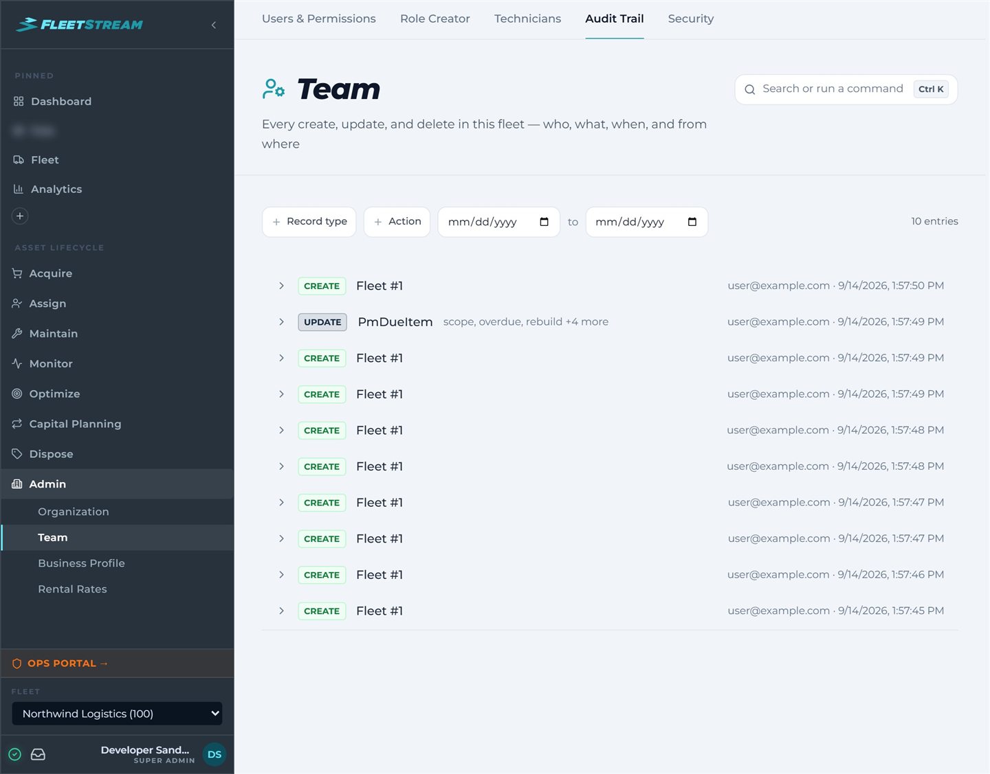 FleetStream Audit Trail — every create, update, and delete in the fleet with who, what, when, and from where