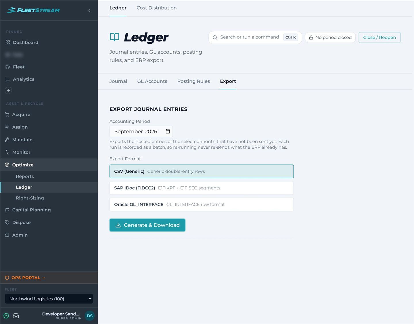 FleetStream Ledger export — journal entries exported as generic CSV, SAP IDoc, or Oracle GL_INTERFACE for your ERP