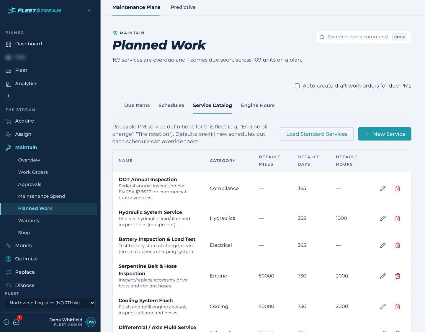 FleetStream Planned Work — a reusable PM service catalog with default miles, days, and engine hours per service