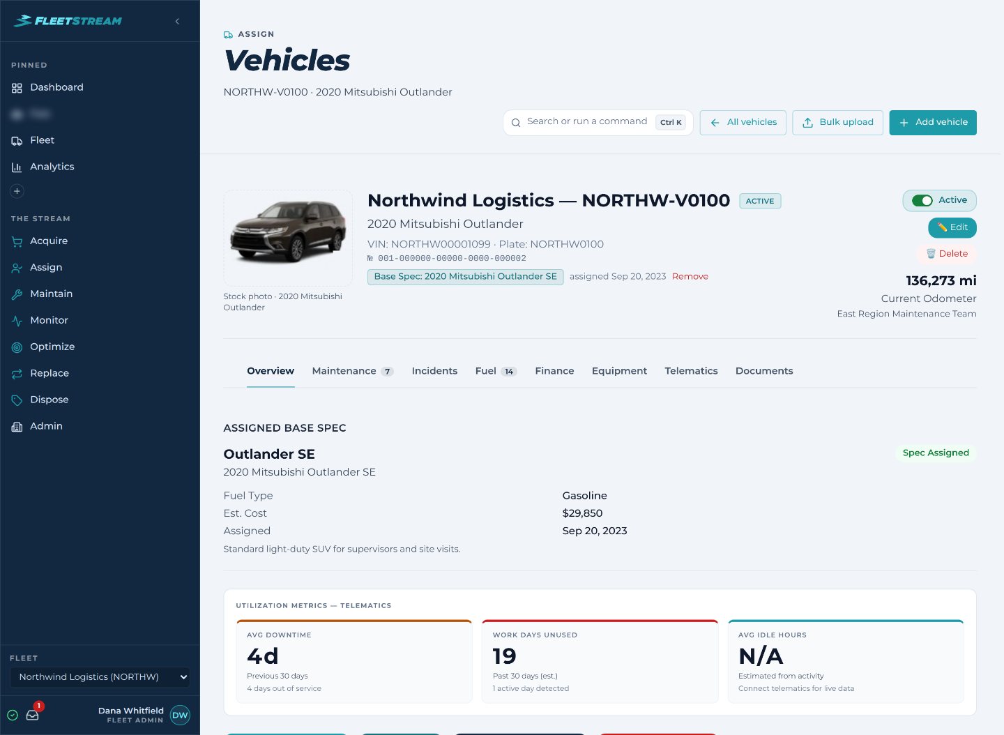 FleetStream Vehicle Profile — one unit’s photo, base spec, odometer, and utilization metrics in a single view